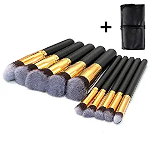 Makeup Brushes Antibacterial Fiber Makeup Brush Set Foundation Blending Blush Eye shadow brush Face Powder Brush Makeup Brush Kit (10 Pcs and One Package， Golden Black)