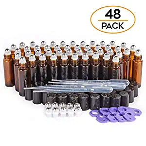 Essential Oil Roller Bottles, Hoa Kinh Amber Glass Empty Bottle with Stainless Steel Ball 10ml Leak Proof Cosmetic Bottles Pack of 48 with 10 Extra Balls 4 Openers 4 Droppers 48 Waterproof Labels