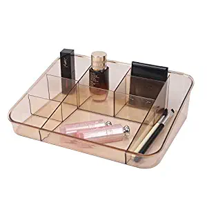 SUNFICON Cosmetic Tray Makeup Brush Holder Bathroom Countertop Organizer, 8 Compartments, Crystal Brown Acrylic