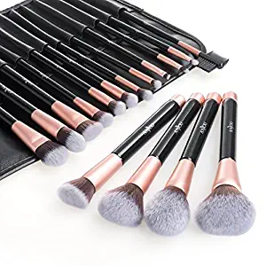 Makeup Brush Set, Anjou 16pcs Premium Cosmetic Brushes for Foundation Blending Blush Concealer Eye Shadow, Cruelty-Free Synthetic Fiber Bristles, PU Leather Roll Clutch Included, Rose Golden