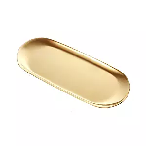 Green fox Stainless Steel Towel Tray Storage Tray Dish Plate Tea Tray Fruit Trays Cosmetics Jewelry Organizer, Gold, Oval