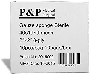 Gauze Surgical Sponges Cotton STERILE Non Woven 8-ply High Grade Quality 2"x2" Class I(a) All Purpose Pads by P&P MEDICAL SURGICAL Box of 100