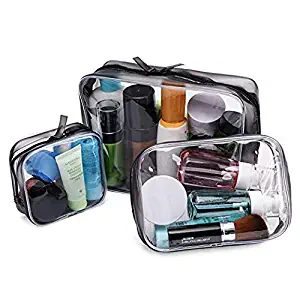 Noverlife 3 Pack Clear Makeup Bags, 3 Size Transparent Cosmetic Bag Case Waterproof Tolietry Travel Bag, TSA Approved Portable Anti-scratch PVC Makeup Storage Pouches Clutch Zipper Bags for Men Women
