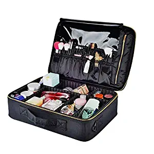 Portable Makeup Case/Bag, 2 Layer 15.4" Length Cosmetic Organizer with Metal Zippers and Free Shoulder Strap, Black