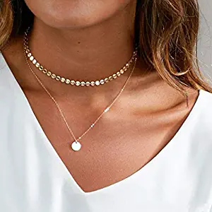 Fstrend Fashion Layered Necklace Dainty Sequins Torus Pendant Necklaces Jewelry for Women and Girls(Gold)