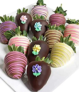 Belgian Chocolate Covered Strawberries - 12pc Elegant Flowers - Milk, Dark & White Gift Box