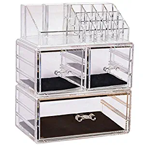 Sooyee Stackable Makeup Organizer 3 Deep Acrylic Cosmetics Storage Drawers and 16 Grid Lipstick Holder,Clear, Jewelry Display Boxes Case Countertop,3 Pieces Set (9.44x5.35x11.62 inch) (3 Deep Drawers)