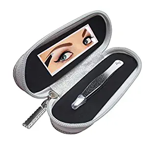 Professional Black Eyebrow Tweezers Slant Tip, with Beautiful Carrying & Traveling Glitter Coating Case Kit As well Mirror Inside the Zipper Case