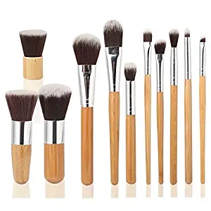 Garrelett 11 Pcs Makeup Brush Set Soft Fiber Bamboo Cosmetic Brushes Kit Kabuki Powder Foundation Brush Blusher Tools + Bag