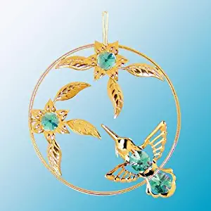 24K Gold Plated Hanging Sun Catcher or Ornament..... Hummingbird with Green Swarovski Austrian Crystals in a Flower Circle