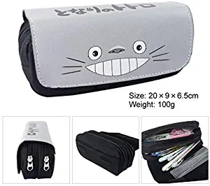 EOLIURR 1 Pcs Newest Grey Totoro Large Big Capacity Canvas Double Zipper Anime Cartoon Animal Pen Bag Pencil Case Game Cosmetic Makeup Pouch Stationery Office School Supplies Holder Set