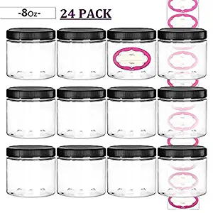 DilaBee 24-Pack 8 Ounce Empty Large Elegant Refillable Clear Plastic Jars with Lids and labels, Round Containers For Slime, Beauty Products, Cream, Scrubs, Bath Salt, Face Makeup, Cosmetic and Lotion