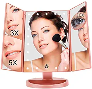 FASCINATE Trifold Led Lighted Makeup Mirror with 3X/5X/10X Magnification Vanity Mirror with 21 LED Lights, 180° Rotation Touch Screen Cosmetic Mirrors Dual Voltage Desk Mirror Tabletop (Rose Gold)