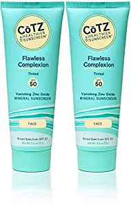 CoTZ Flawless Complexion SPF 50 Sunscreen (Pack of 2) With Zinc Oxide, Vitamin C and E, Dimethicone and Iron Oxide, For Acne-Prone, Oily, Normal, Dry, Combination, Sensitive or Mature Skin, 2.5 oz.