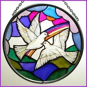 Decorative Hand Painted Glass Window Roundel in a Doves of Peace Design.
