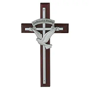 Holy Spirit Cross on Cherry Stained Wood 7 Inches Silver Cross with Dove Confirmation Blessing