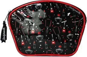 Black"Vintage Beauty" with Lipstick, Nail Polish, Perfume, and Mirror Pattern Makeup Case from Sourpuss Clothing