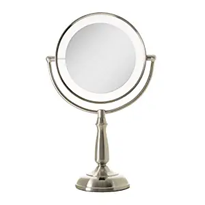 Zadro Ultra Bright Dual-Sided LED Lighted Vanity Make Up Mirror with 1X & 5X magnification in Satin Nickel Finish.