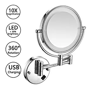 Wall Mount Vanity Mirror Lighted -10x Magnification, 8in LED Double Sided Swivel Wall Mount Makeup Mirror, 12in Extension, USB Rechargeable, Polished Chrome, Shaving in Bedroom or Bathroom