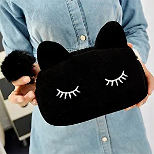 Sleepy Kitty Cat Cosmetic Bag Pencil Pouch Makeup Brush Case Travel Clutch Handbag Purse Cute Kawaii Fashion (Black)