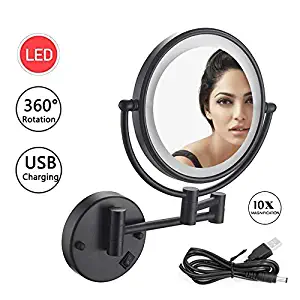 Wall Mount Vanity Mirror Oil Rubbed Bronze, LED Lighted Wall Mount Makeup Mirror with 10x Magnification, Bathroom Magnifying Mirror 8 Inch Double-Sided 360° Swivel Extendable, USB Rechargeable