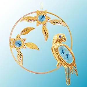 24K Gold Plated Hanging Sun Catcher or Ornament..... Parrot with Blue Swarovski Austrian Crystals in a Flower Circle