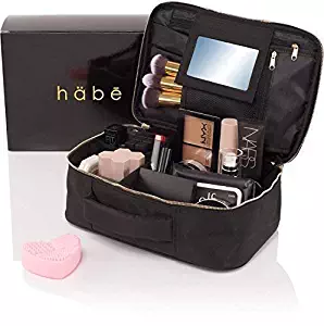 habe Travel Makeup Bag with Mirror - Premium Vegan Designer Make Up Bag Organizer Train Case for Women - Stores More than 3 Cosmetic Bags, Make Up Bags or Make Up Cases (Large, Black, 11.4x7.5x3.9 in)
