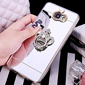 Galaxy A5 2016 Case,[Glitter TPU Case] ikasus Crystal Rhinestone Bling Diamond Glitter Rubber Mirror Makeup Case Ring Stand Holder TPU Mirror Protective Case Cover for Galaxy A5 2016,Silver Crown