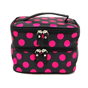 Bonamart Small Cosmetic Makeup Organizer Bag, Double Layer Black Pink Dot Travel Toiletry Bag with Mirror (7.87 x 4.72 x 5.51 inches) - Sale