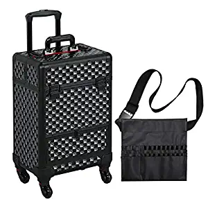 Yaheetech All Black Makeup Case Rolling Train Case Lockable Cosmetic Trolley Spinner Wheels with Sliding Drawer Makeup Brush Bag
