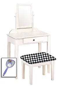 New White Wooden Make Up Vanity Table with Mirror & Black and White Polka Dot Themed Bench