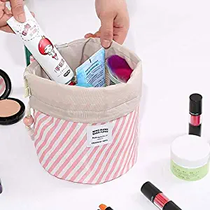 Travel Cosmetic Bag Travel Makeup Bag Organizer Women Girls Barrel Shaped Hanging Toiletry Wash Bags Drawstring Makeup Storage Bag + Small Pouch+ Clear PVC Brush Bag (Pink and white)