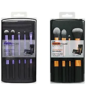 Real Techniques Core Collection Hand Cut Hair Design Makeup Brush Set, Includes: Detailer, Pointed Foundation, Buffing and Contour Brushes, with Brush Case/Stand