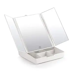 Fascinate Tri-Fold Lighted Makeup Mirror with 1X/7X Magnification, 21 LED Lights Touch Screen Dimming, Batteries or USB Charging, 180 Degree Rotation Storage Box Vanity Mirror