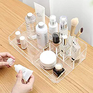 Sooyee Clear Acrylic Makeup Organizer Tray, 9 Spaces Cosmetic Display Case Storage Box for Lipstick,Makeup Brushes and Skin Care Products.