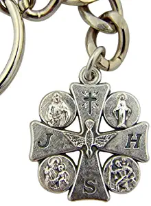 Four 4 Way Cross with Holy Dove 1" Medal on Keyring Travel Protection Key Chain