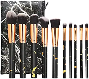 OLOOYA Makeup Brushes (10pcs +Bag) Marbling Handle Soft Powder Foundation Eyeshadow Lip Makeup Brush Set Cosmetic Tool -black