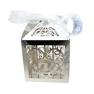 Gospire 50pcs Deluxe Party Wedding Favor Super Gift Laser Cut Pearl Paper Ribbon Candy Boxes Gift Box Bombonera Classical Bird Style (Bright Silver)