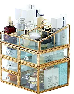 PENGKE X Large Gold Makeup Organizer,Clear Jewelry and Cosmetic Storage Case,Large Capacity for Beauty Product Organizer,5 Drawer Keep Your Vanity Organized,10.5 x8.1 x10.9 inch