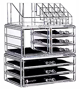 Cq acrylic 7 Drawers and 16 Grid Makeup Organizer,9.5"x6.5"x11.8",Clear 2 Piece Set