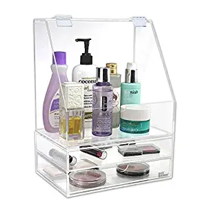 Ikee Design Acrylic Makeup Cosmetic Organizer Storage Case Holder Display with Slanted Front Open Lid for Makeup, Brushes, Perfumes, Skincare and Jewelry Accessory with 2 Drawers