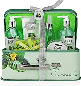 Essence of Luxury Spa Gift Basket Bath Set! PURE Spa Basket Natural Skin Care Gift Set Makes Best Valentines Day Gift for Women & Holiday Gift Baskets! (Cucumber)