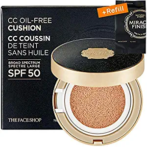 [THEFACESHOP] Miracle Finish CC Oil-Free Cushion SET (Cushion 15g + Refill 15g) Moist Cover, Fresh Fit, Broad Spectrum SPF 50, V203 (30G / 1.04 OZ)