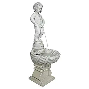 Design Toscano Complete Manneken Pis Peeing Boy Water Fountain Garden Decor with Base Outdoor Water Feature, 45 Inch, Polyresin, Antique Stone