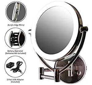 OVENTE Wall Mount Mirror, 1×/10× Magnification, Premium Acrylic Frame, Diffused LED Ring Light, 9.5”, Battery- or USB Adapter-Operated (MLW45AB1X10X)