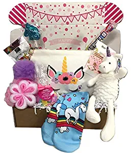 Stuffed Unicorn Birthday Gift Basket Box for Girls Cosmetic Bag Treats and More 9 Pieces