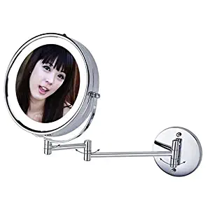 SYDDP Makeup Mirror Wall-Mounted Mirrors Dressing Mirror 5X Magnifying Makeup Shaving Mirror LED Light, 8.5-Inch, Silver Lighted Makeup Mirror (Color : Silver, Size : 8.5 inch)