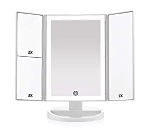 Newest 36 LED Nature Daylight Tri-Fold Lighted Vanity Makeup Mirror with Touch Screen Dimming and 3X/2X/1X Magnification Mirror, 180 Degree free Rotation, Countertop Cosmetic Mirror