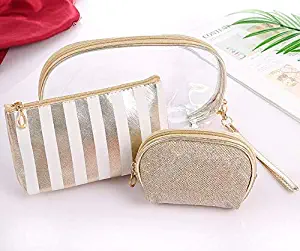 HappyDaily 3 Pack Beautiful and Multifunctional Waterproof Makeup Cases or Cosmatic Bags or Travel Toiletry Pouch or Storage Bags or Purse for Women Girls (3, Gold Stripe)