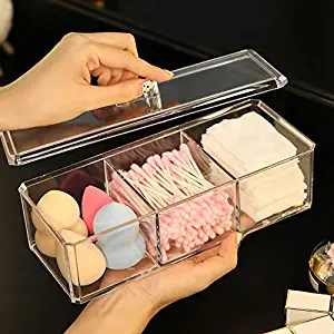 Sooyee Rectangle Cotton Ball and Swab Holder Organizer with Lid, Dustproof,Waterproof,Clear Acrylic 3 Compartment Cotton Pad Container for Cotton Swabs, Q-Tips, Make Up Pads, Cosmetics and More